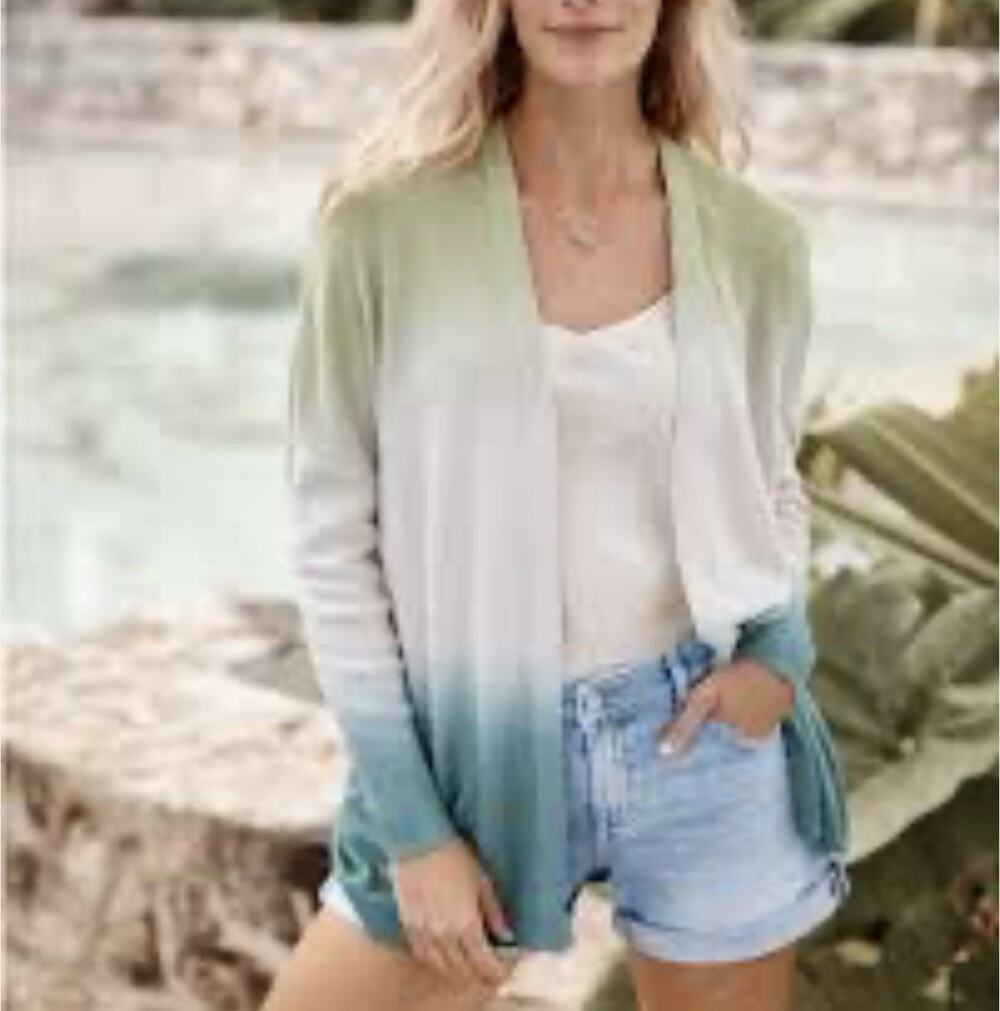 Garnet Hill Cardigan Womens M Multi Linen Tidal Open Front Coastal Grandmother